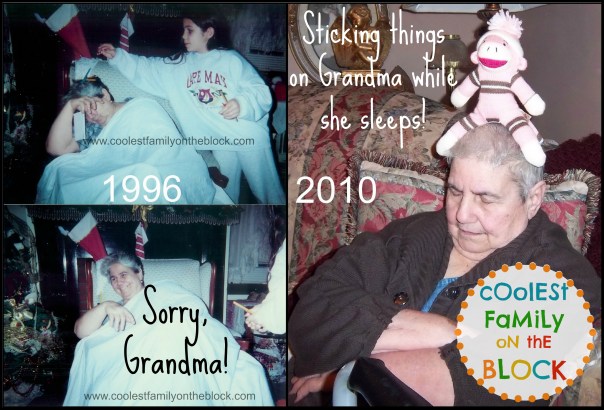 Sticking things on grandma while she sleeps